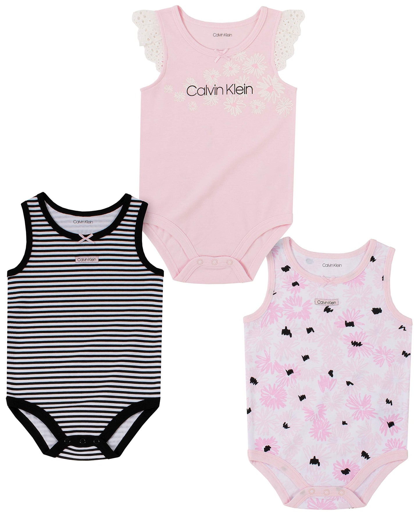 Calvin Klein Girls' 3 Pieces Pack Bodysuits, Pink Pearl/Baby Pink/White Cotton, 0-3 Months