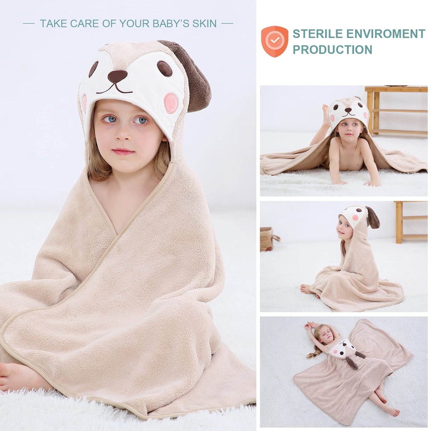 Michley Cartoon Hooded Baby Towel Unisex, Premium Soft Swimming Bathrobe Large Washcloths 27.5 ' X 47 ' For 0-7T (Dog)