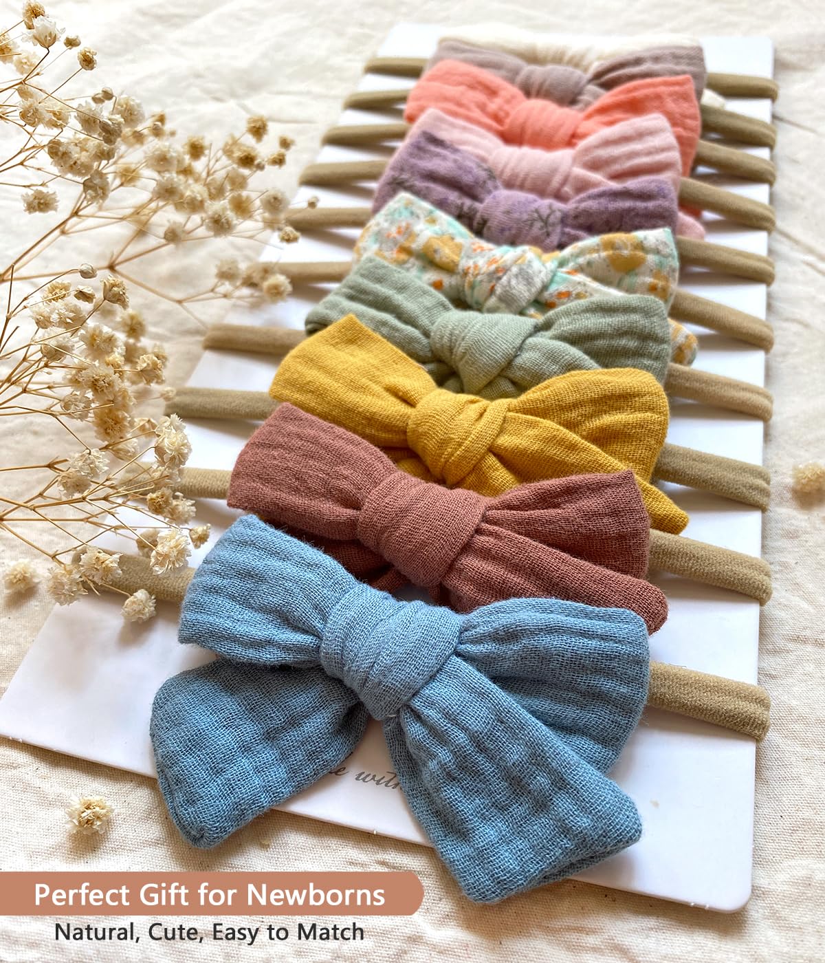 Cherssy Baby Muslin Hair Bows And Headbands, 10Pcs Soft Nylon Hairbands For Newborn, Infants, Toddlers