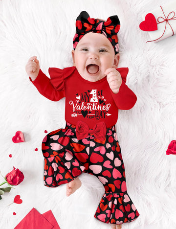 Adifun Baby Girl Valentines Day Outfit 6-9 Months My First Valentines Day Baby Valentines Day Outfit Girl Romper + Bell Pants 3P