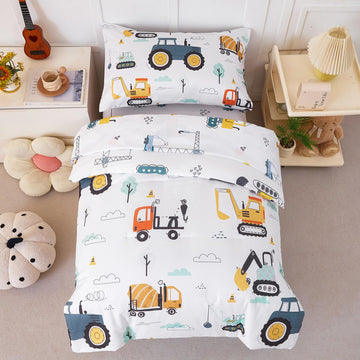 Perfemet Car Printed Toddler Comforter Set, 4 Pieces Toddler Bedding Sets For Boys, Reversible Tractors Pattern Teen Boy Bed In