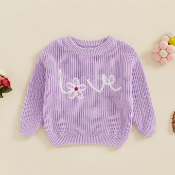 Nokpsedcb Baby Girl Cute Long Sleeve Heart Flowers Embroidery Oversized Sweater Toddler Valentine Outfit (Purple Love Flower, 18