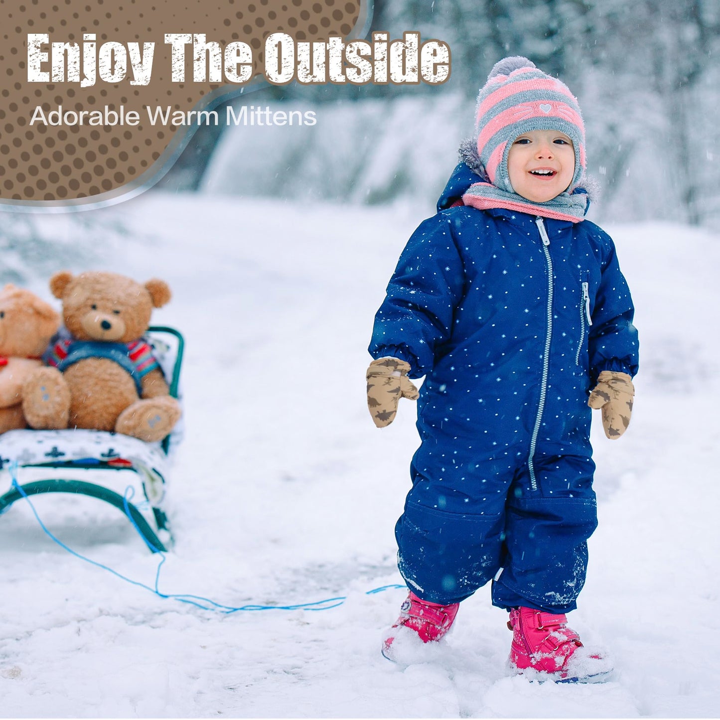 Fynnsure Toddler Mittens Baby Waterproof Snow Gloves Kids Ski Snow Gloves Cold Weather Mittens For Boys Girls Khaki Dinosaur 2-4