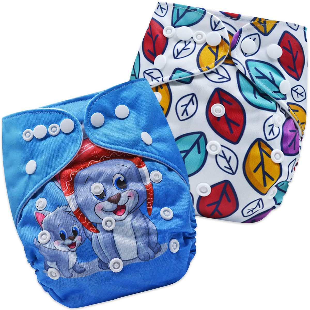Bembika Cloth Diapers For Babies, Washable Reusable, Adjustable Sizes (2 Combo) (No Inserts Included) (Leaf + Baby Cat)