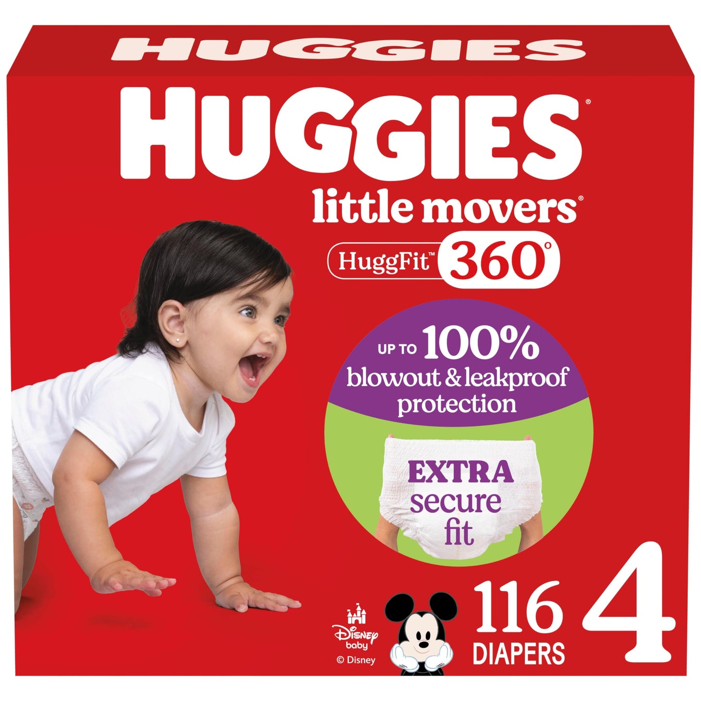 Huggies Size 4 Baby Diapers, Little Movers HuggFit 360 Baby Diapers with 360 Waistband, Size 4 (22-37 lbs), 116 Count, Packaging