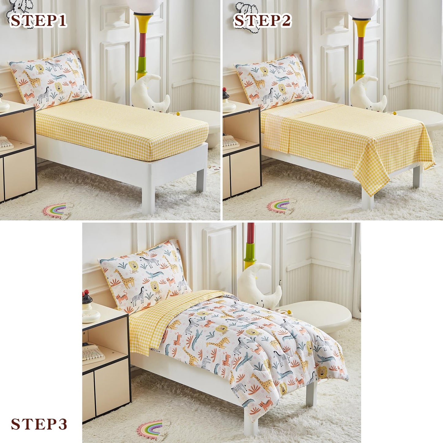 Joyreap 4 Piece Toddler Bedding Set- Cartoon Zoo Theme Animals Beige Design, Microfiber Toddler Bedding Comforter Set For Kids B