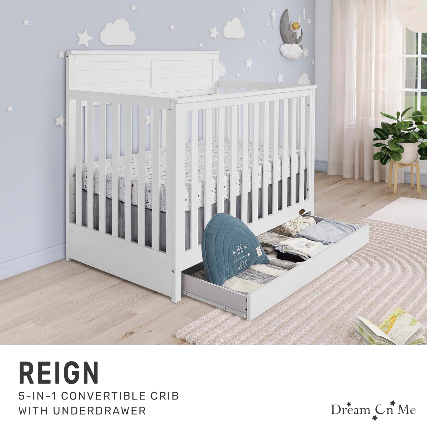Dream On Me Jpma & Greenguard Gold Certified Reign 5 In 1 Convertible Crib With Under Drawer In White, Made Of Sustainable Pinew
