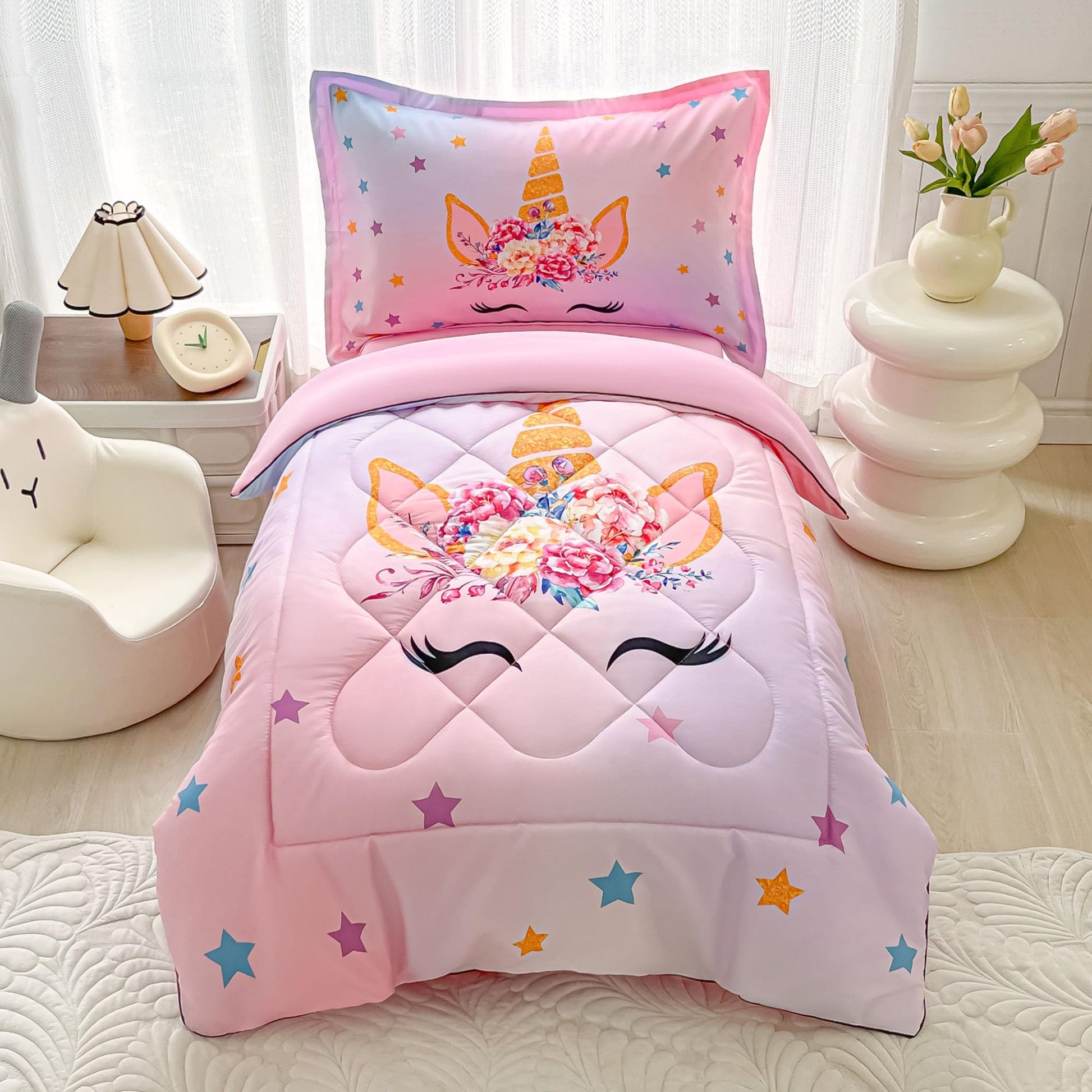 Toddler Bedding Set For Girls 4 Piece Pink Unicorn Stars Toddler Comforter Sets For Baby Kids Bed-In-A-Bag Quilt Crib Toddler Be