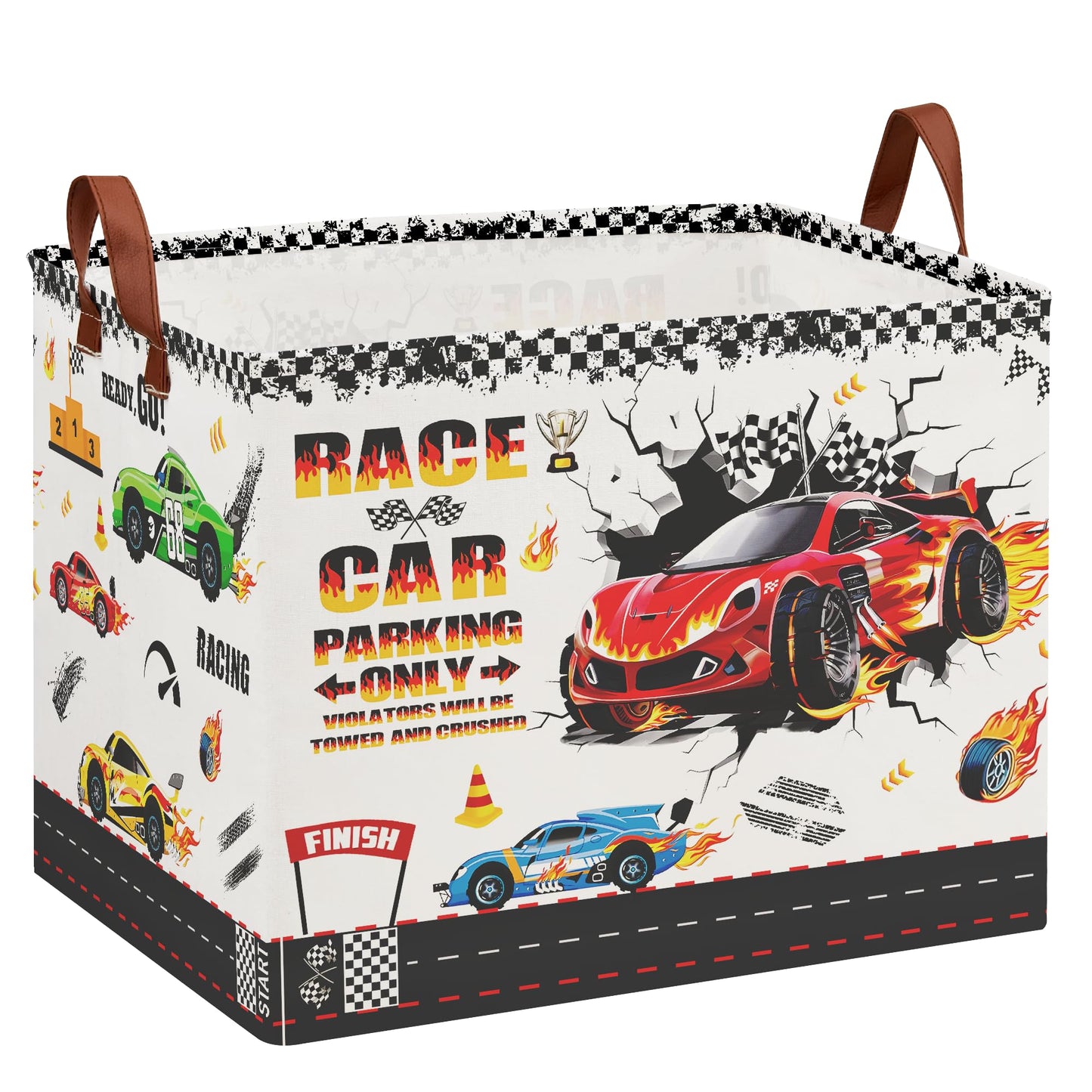 XHWZOF Race Car Toy Storage Basket, Collapsible Kids Laundry Hamper with Parking Sign, Car Themed Storage Organizer Bin for Boys
