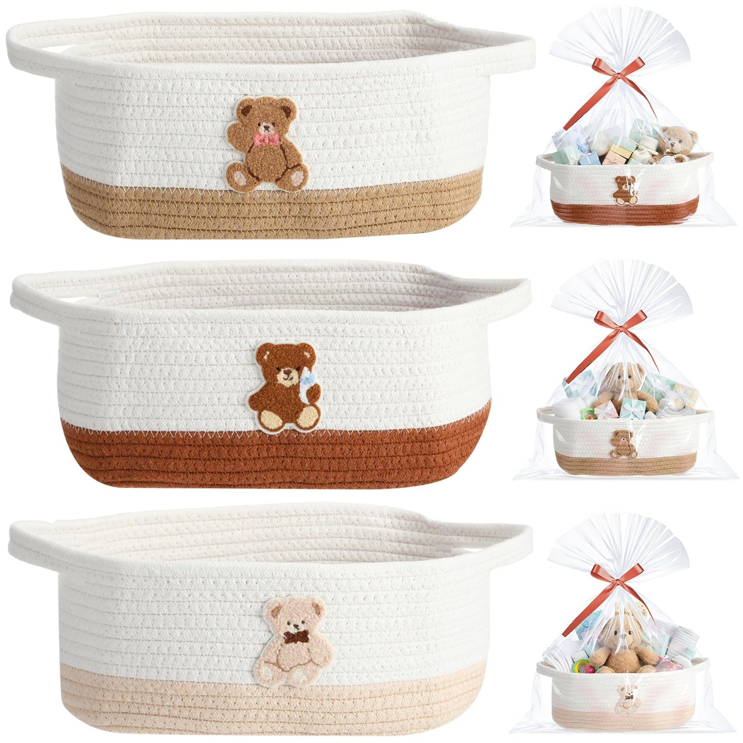 Kathfly 3 Pcs Small Bear Basket for Gift Woven Empty with Gift Bag and Ribbons Baby Bear Basket for Nursery 12x 8x 5 with Handle