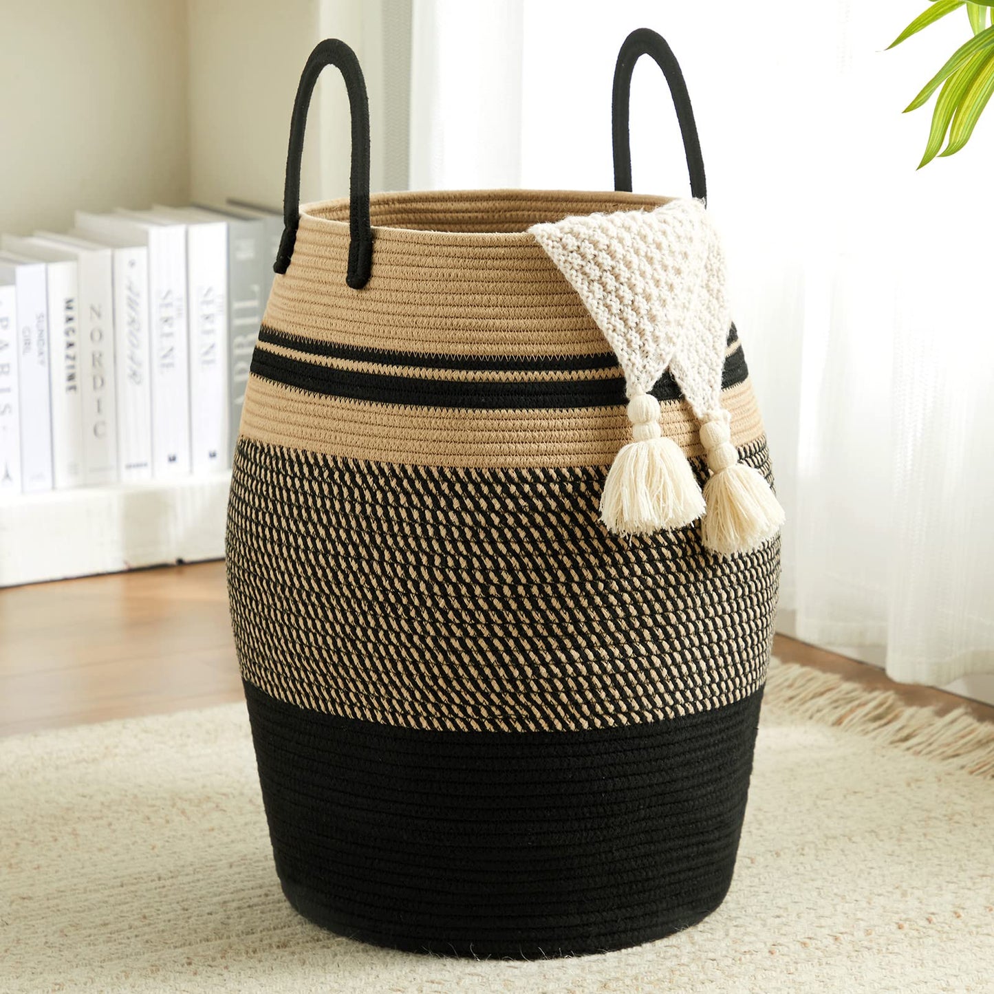 Fionas magic 65L Cotton Rope Laundry Hamper, Large Woven Tall Laundry Basket for Storage Clothes and Toy in Bedroom, Living Roo
