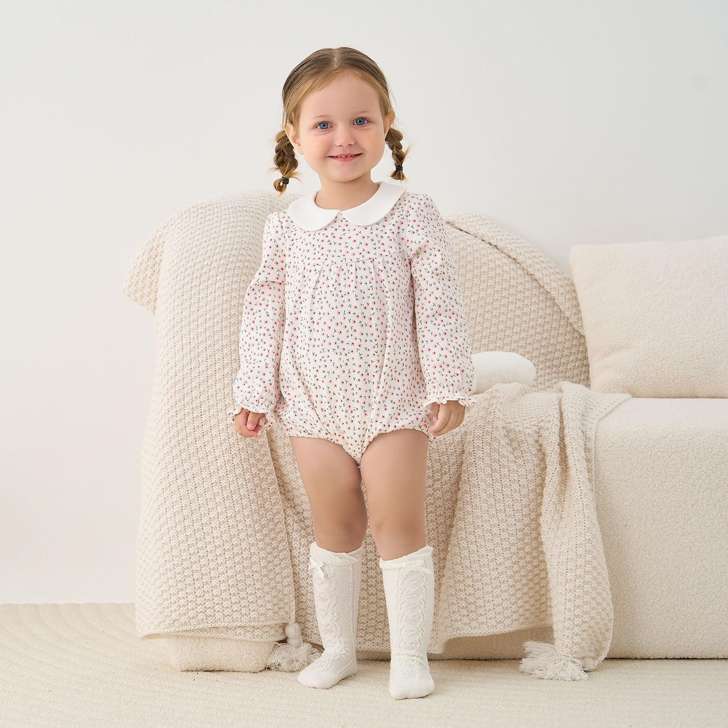 Pureborn Baby Girls Bodysuit Peter Pan Collar Bubble Romper Long Sleeve One-Piece Cotton Outfit Pink Flower 12-18 Months