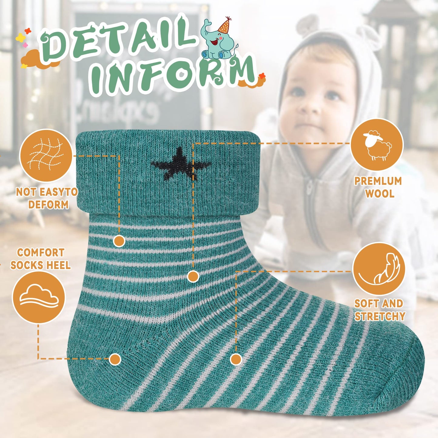 Eocom 6 Pairs Children'S Winter Thick Warm Wool Socks Soft Kids Socks Random Color (1-3 Years, Stripe)