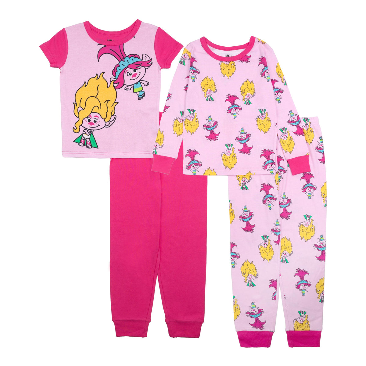DREAMWORKS TROLLS Girls 4piece Snugfit Cotton Pajama Set, Soft & Cute for Kids, Trolls Love Fun, 8