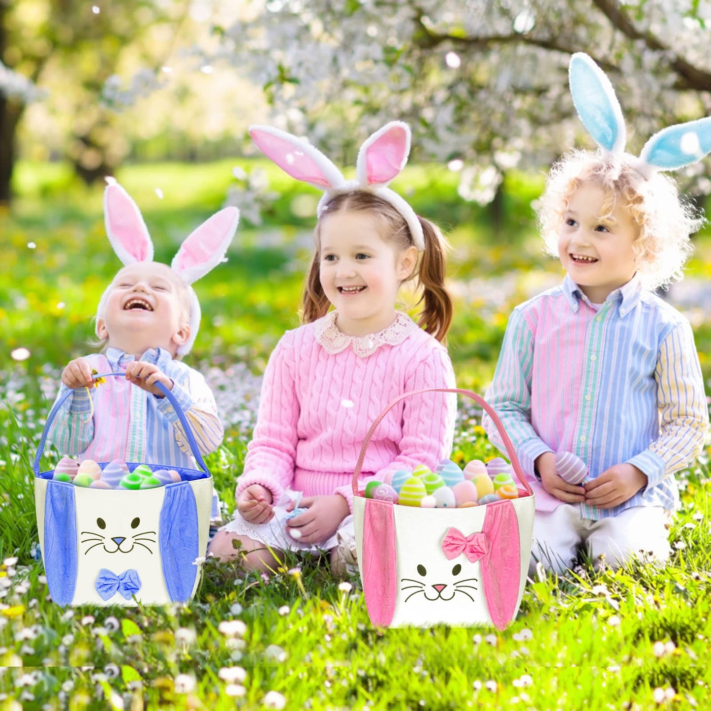 Atonofun 2 Packs Easter Basket Set, Easter Bunny Basket Gift Baskets Bags For Kids, Canvas Tote Bags Bunny Easter Bucket For Eas