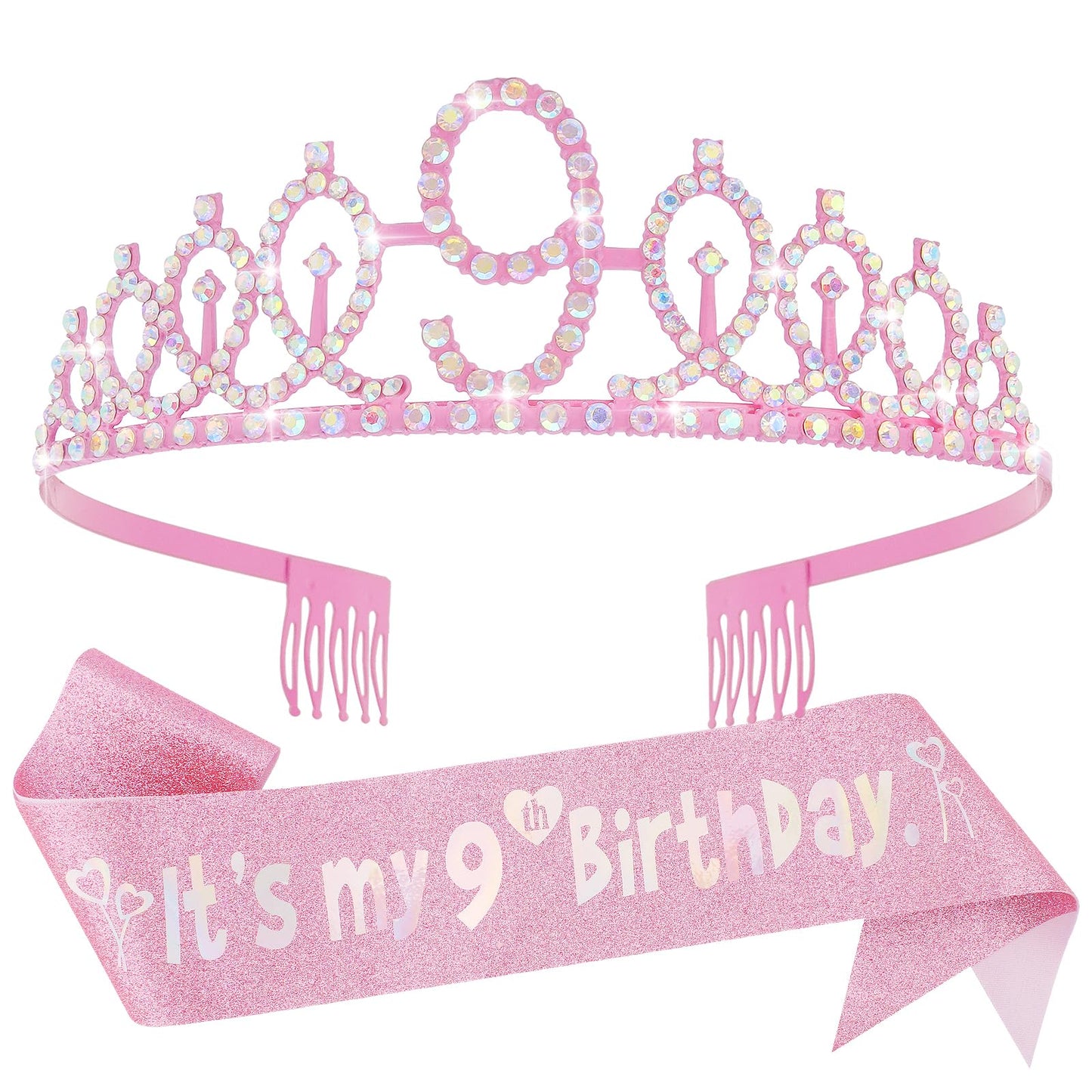 Canitor 9th Birthday Decorations for Girls Birthday Girl Crown Tiara & Glitter Sash Set for 9 Year Old Girl Gift Headband Hat