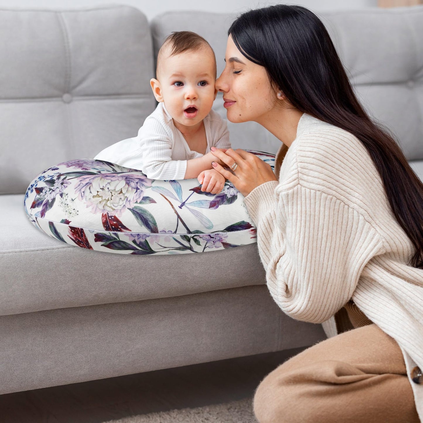 Purple Floral Wisteria Nursing Pillow Cover, Nursing Pillowcase Set For Baby Boy Or Baby Girl, Nursing Pillow Slipcover Cushion