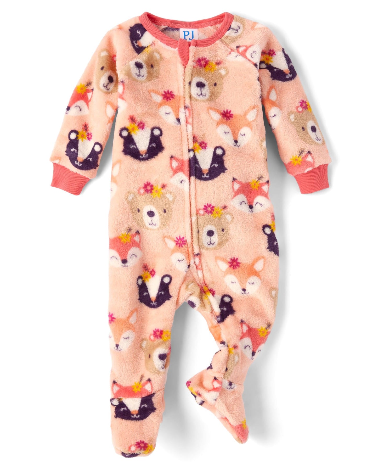 The Children'S Place,Baby Girls,And Toddler Fleece Zip-Front One Piece Footed Pajama,Peach Critters,12 Months,18 Months