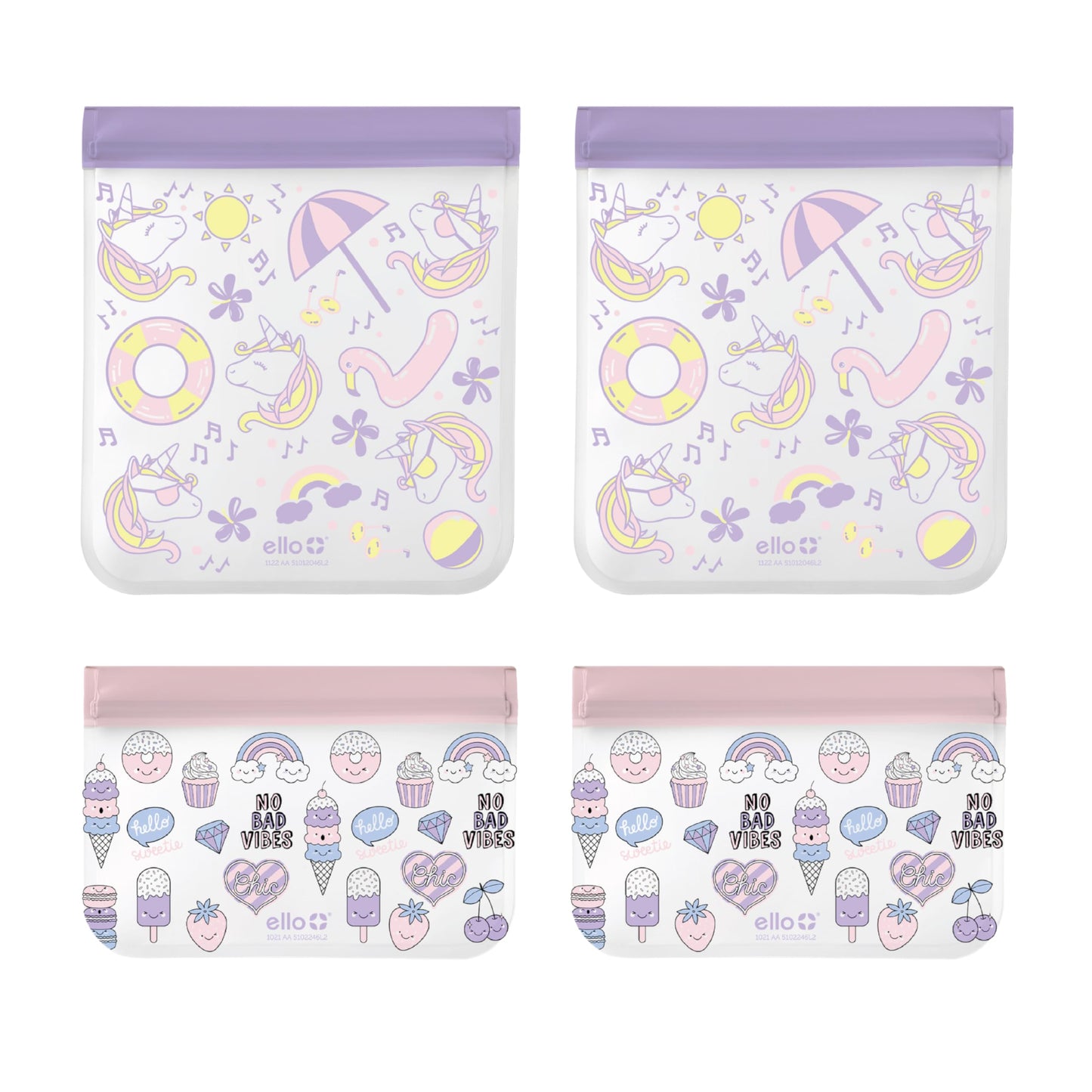 Ello 4 Pack Reusable Food Storage Bags, Resealable BPA-Free, Food-Safe PEVA, Feezer Safe and Leak-Proof, Unicorn and Ice Cream