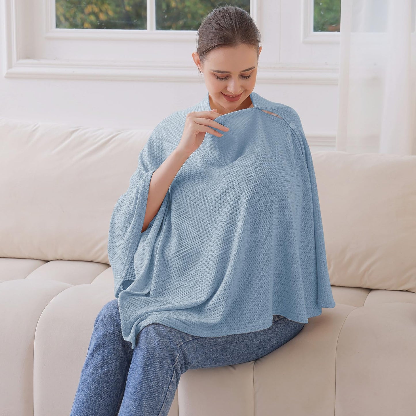 Knit Nursing Cover For Baby Breastfeeding, Breathable And Soft, Wide Neck With Stretch For Easy View (Blue)