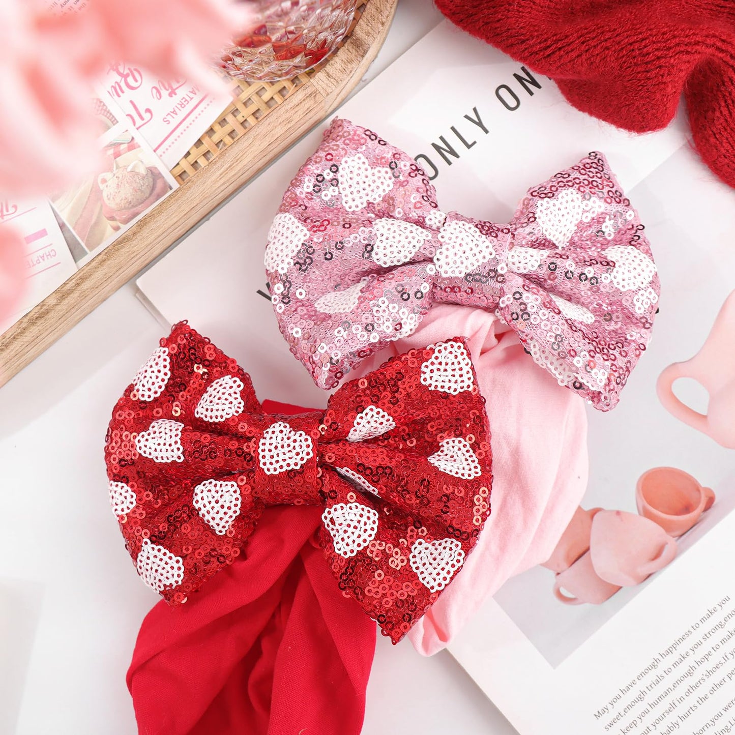 Lanmerry Heart Baby Bow Headbands Sequin Bows Red Pink Glitter Hair Bow For Girls Toddler Red Pink Baby Headband Bows 6-12 Month