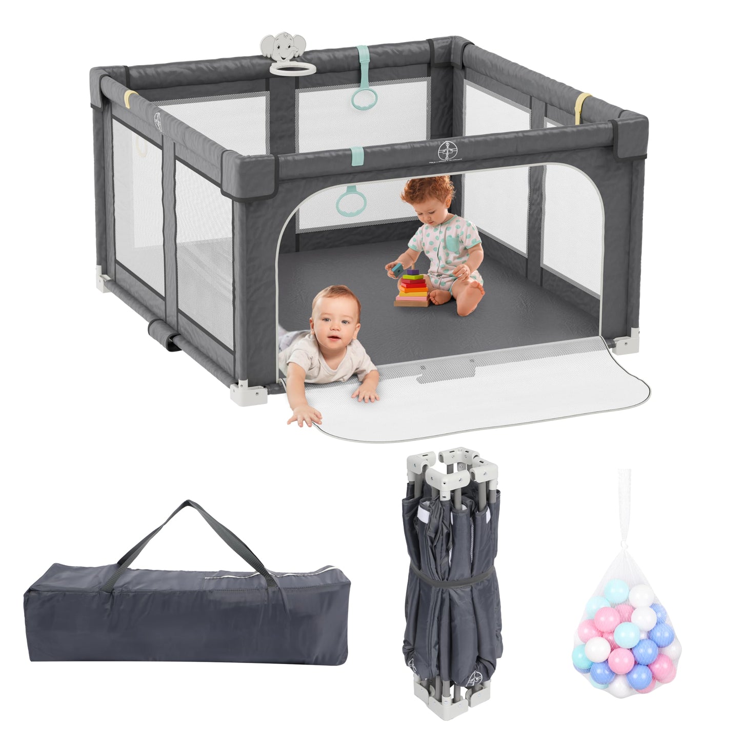 Xilingol 50 ' X 50 ' Foldable Playpen, Potable Baby Play Yard With Carry Bag, Baby Gate Playpen With Anti-Slip Suckers & Zippe