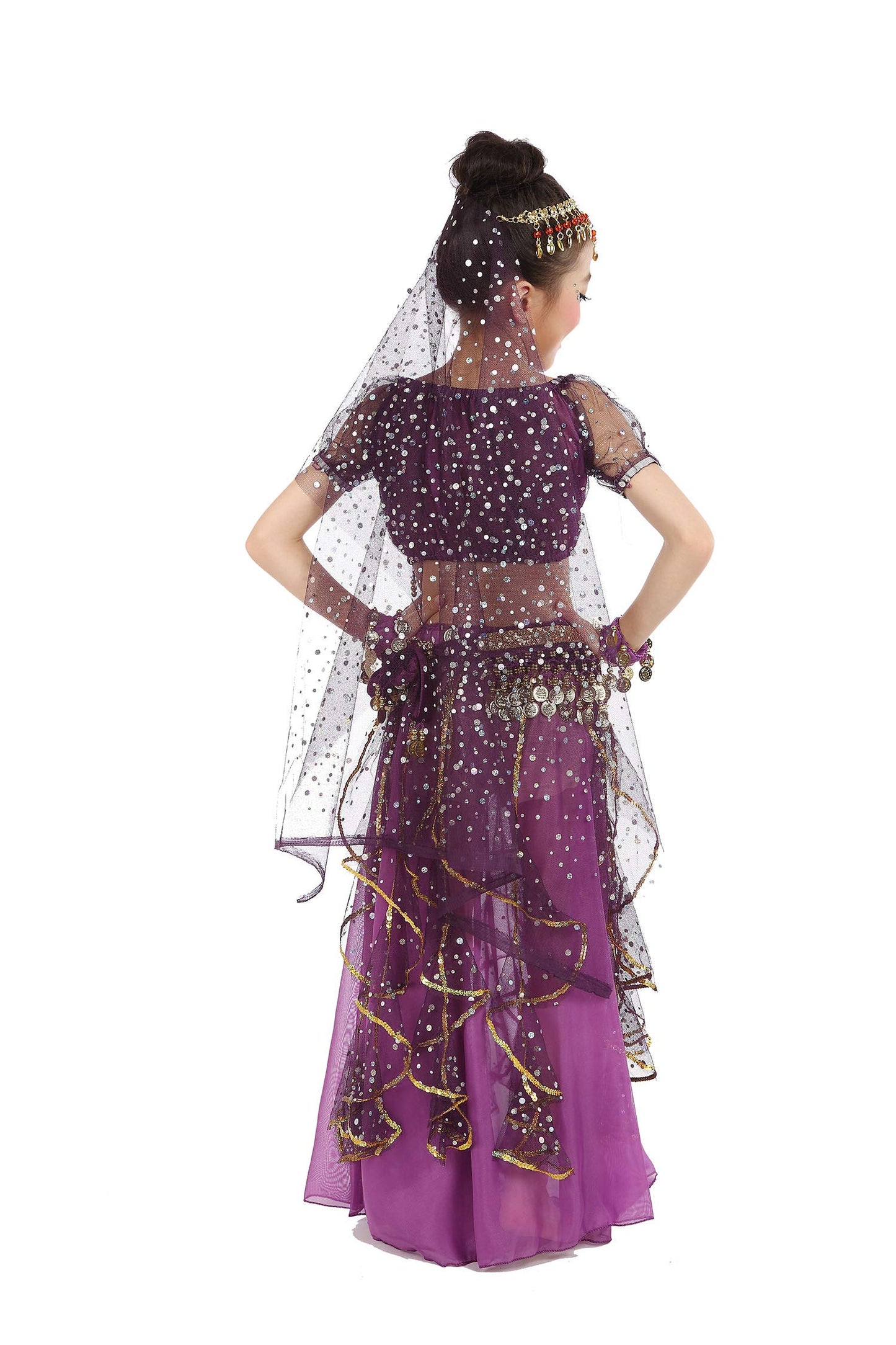 Girls Belly Dance Top Skirt Set Halloween Costume With Head Veil,Waist Chain Purple