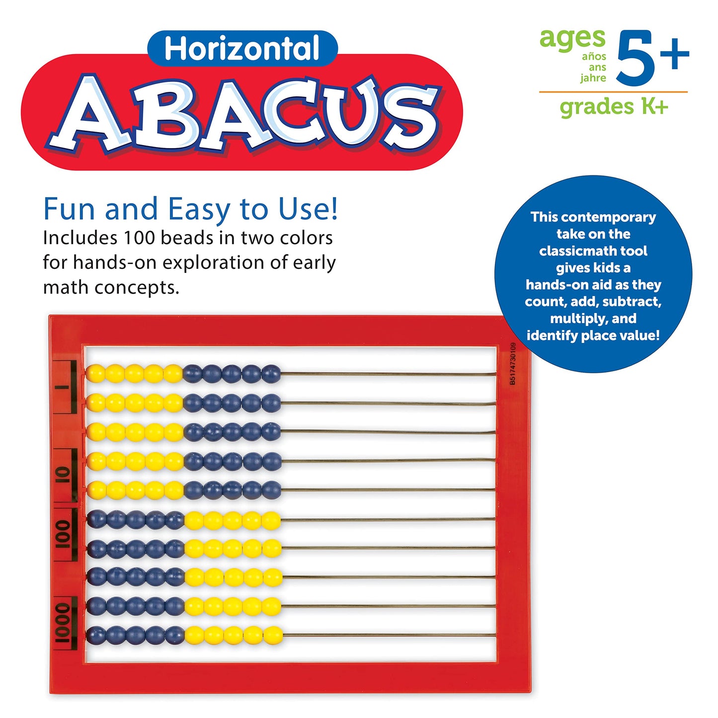 Learning Resources 2-Color Desktop Abacus, Red Frame, Color Coded, Math Concepts
