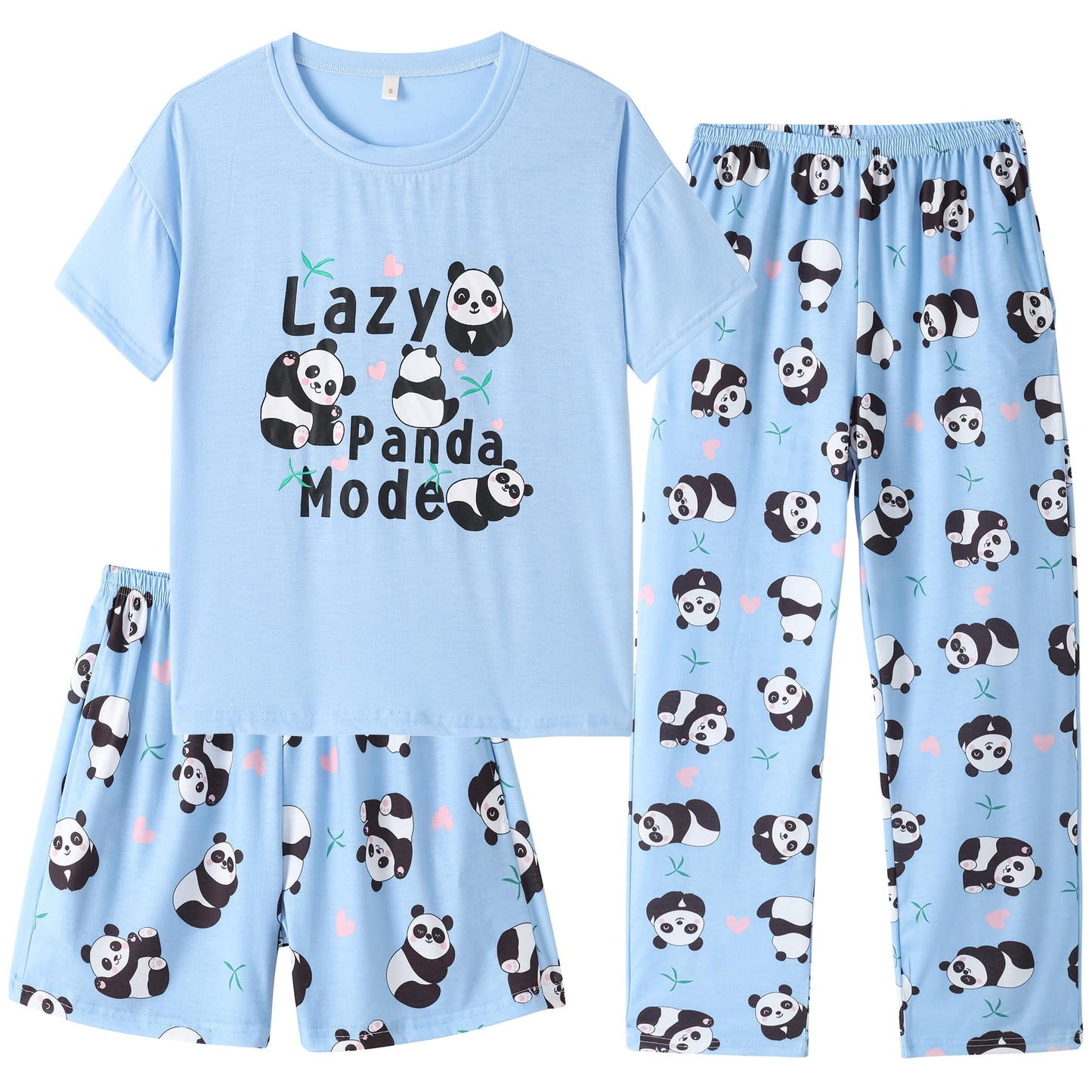 Hupohoi Kids Girls Pajama Sets Summer Short Sleeve With Shorts And Pants 3PCS Sleepwear Cute Cartoon Loungewear 6 to 17 Years, P