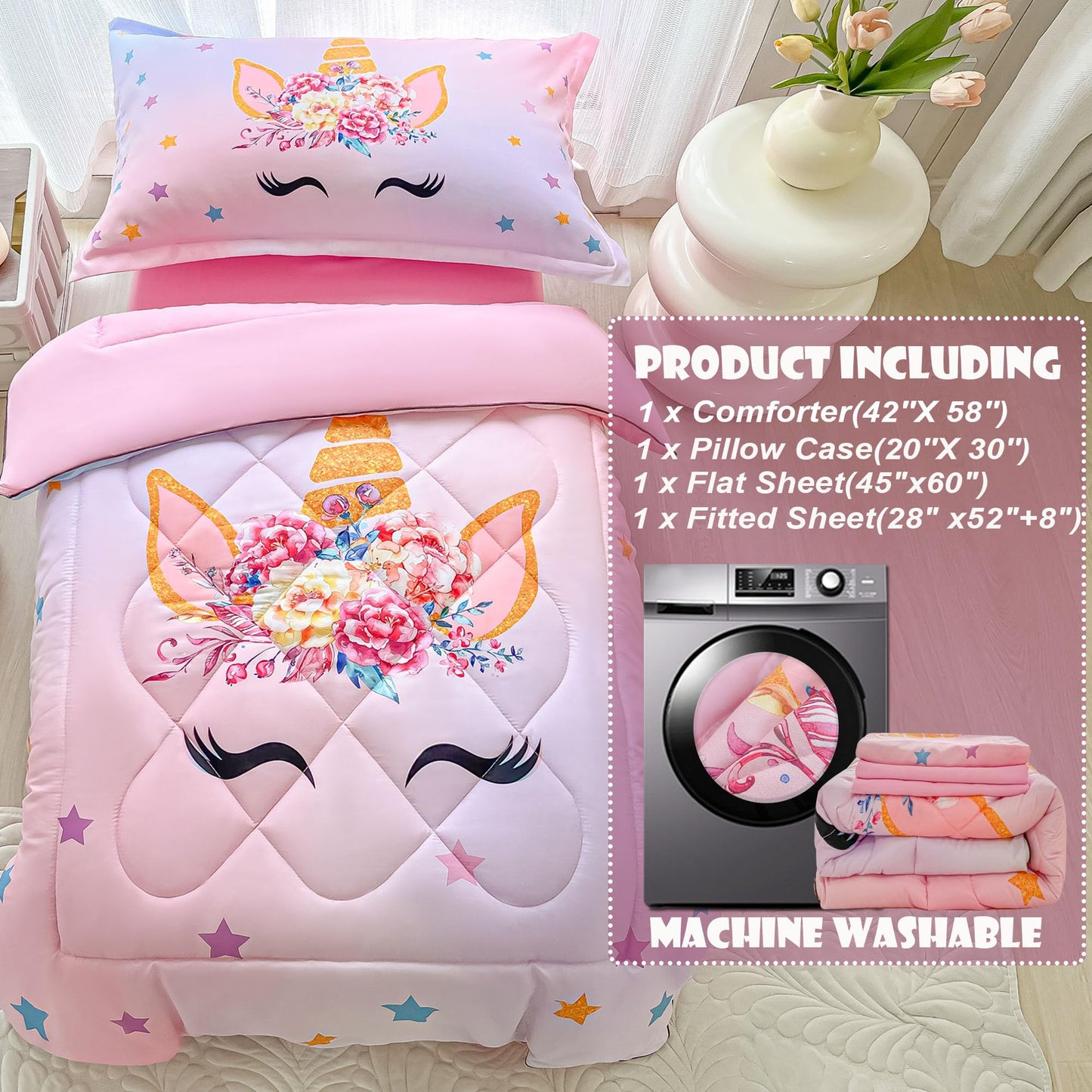 Toddler Bedding Set For Girls 4 Piece Pink Unicorn Stars Toddler Comforter Sets For Baby Kids Bed-In-A-Bag Quilt Crib Toddler Be