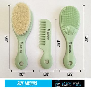 Bradys House - 3 Piece Baby Hair Brush & Comb Set For Newborns- Soft Goat Bristle Hair-Brush, Silicone Bath Brush And Plastic Co