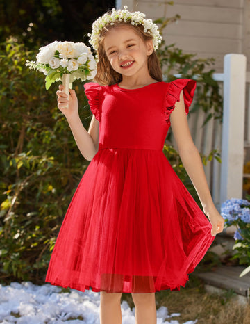 Flypigs Girl Dresses Toddler Flutter Tutu Dress Formal Red Valentine Christmas Birthday Party Tulle Dress For 4Years