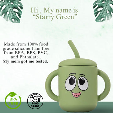 Fumiko Sippy Cups For Toddlers 1-3 - Adorable Personality Designs, Built-In Straw Lock, Easy-Grip Handles, (Starry Green)