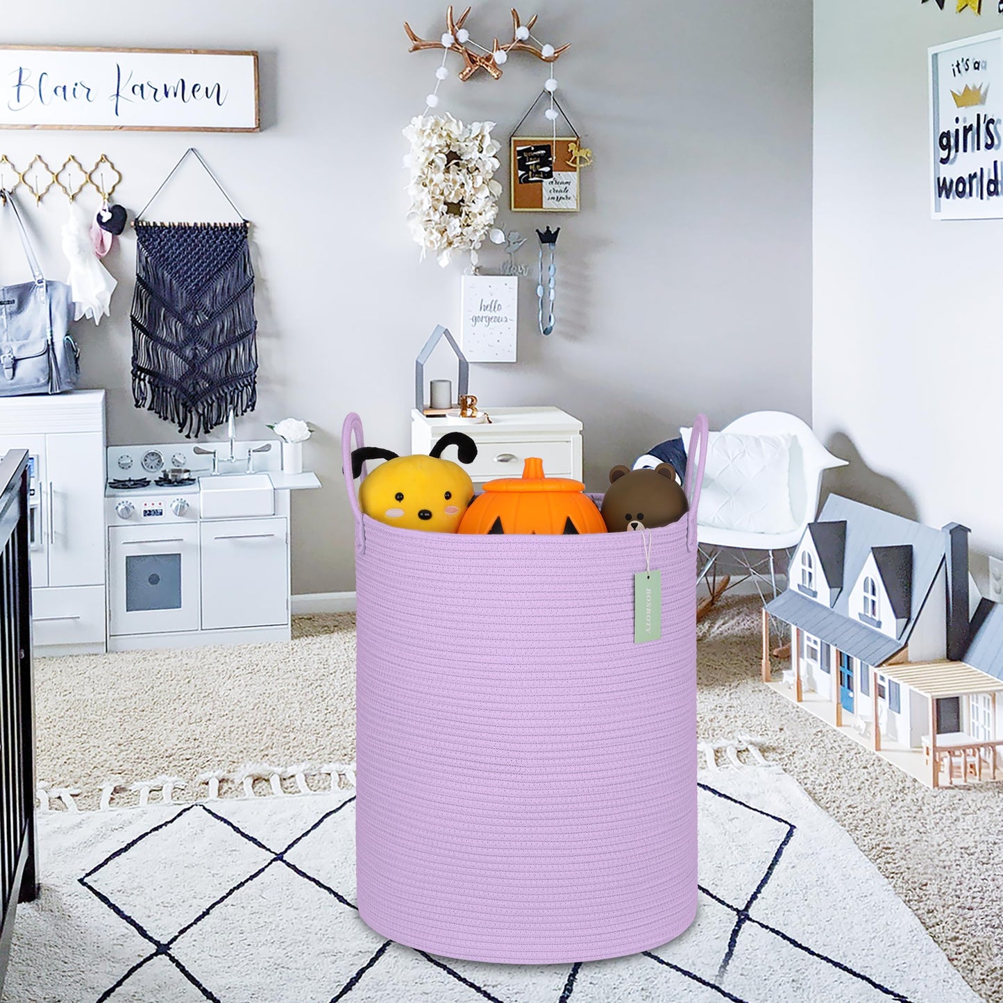 Bosroty Large Cotton Rope Laundry Hamper 65L, Baby Nursery Hamper Bin With Handles, Woven Storage Basket For Living Room Bedroom