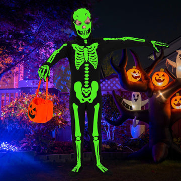 Faybox Skeleton Costume Glow In The Dark For Kids Toddler, Halloween Fortnite Onesie For Boy Girls With Pumpkin Candy Bag(8-9)