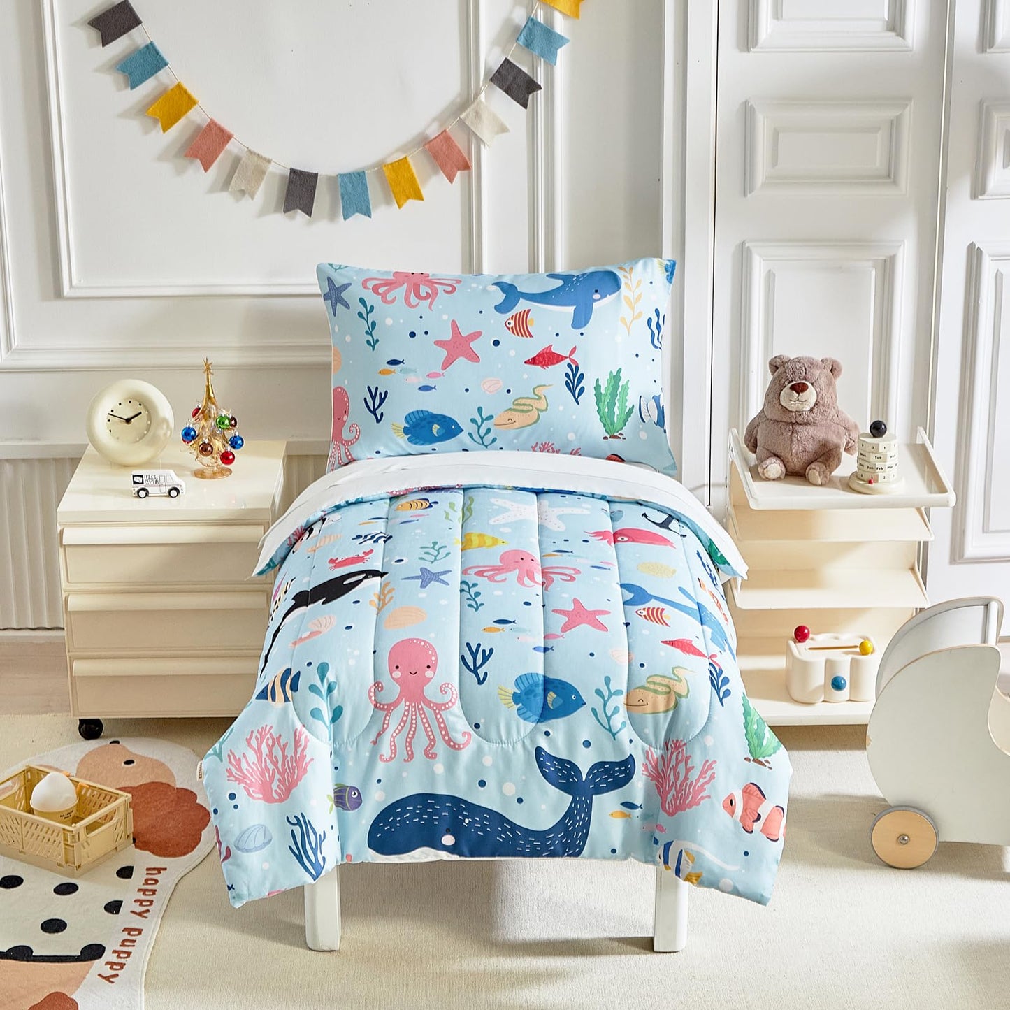 Joyreap 4 Piece Toddler Bedding Set- Ocean Theme Blue Design, Microfiber Toddler Bedding Comforter Set For Kids Boys Girls