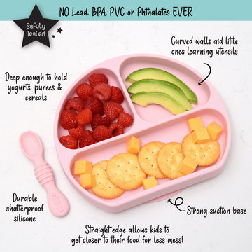 Primastella Unbreakable Silicone Non-Slip Baby & Toddler Plate And Spoon Feeding Set - Pink