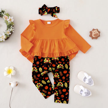 Kucnuzki 18-24 Months Girl Clothing Baby Thanksgiving Outfit Toddler Girl Clothes Cute Little Girl Outfit Baby Ruffle Orange Shi