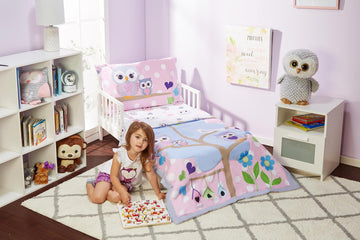 Everyday Kids 4 Piece Toddler Bedding Set - Owls - Soft 100% Cotton Percale - Includes Comforter, Flat Sheet, Fitted Sheet And R