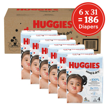 Huggies Size 4 Diapers, Snug & Dry Baby Diapers, Size 4 (22-37 Lbs), 186 Count (6 Packs Of 31), Packaging May Vary