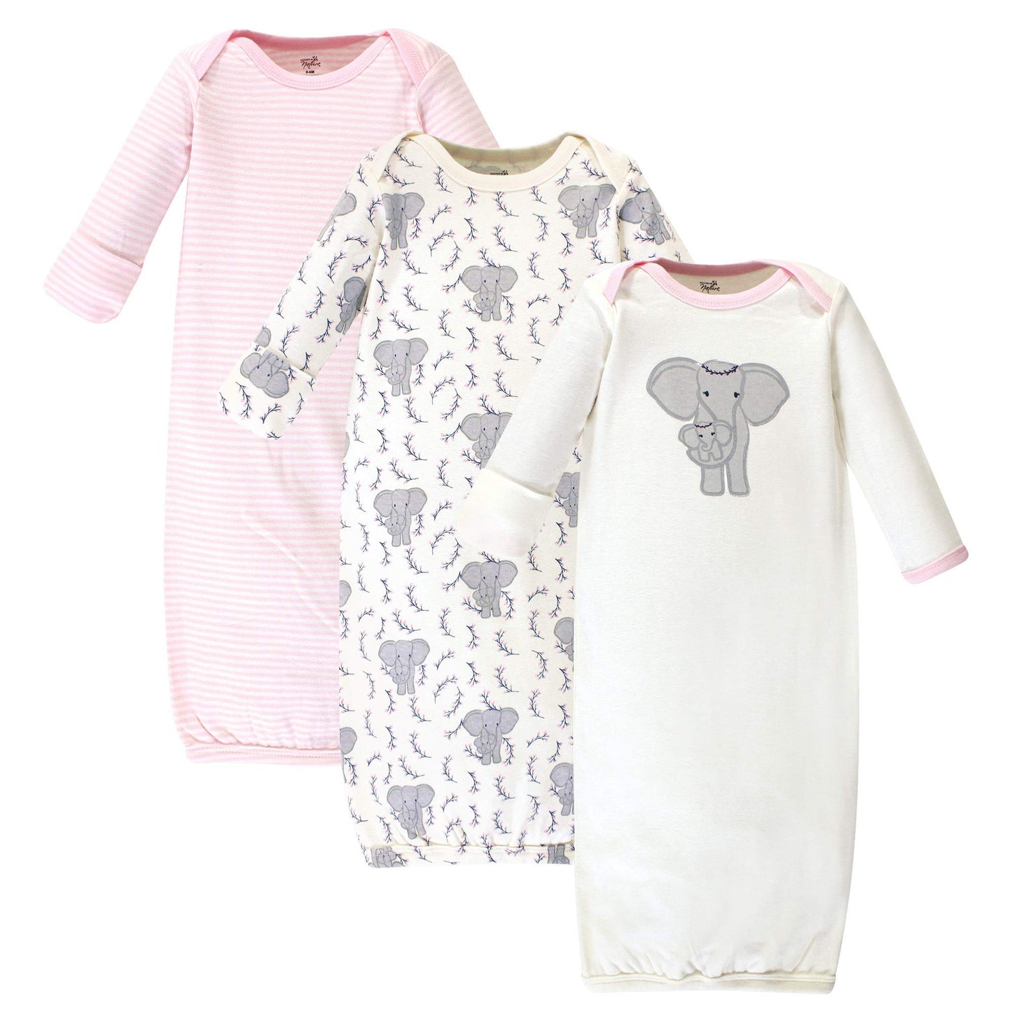 Touched By Nature Unisex Baby Organic Cotton Gowns, Girl Elephant, 0-6 Months Us
