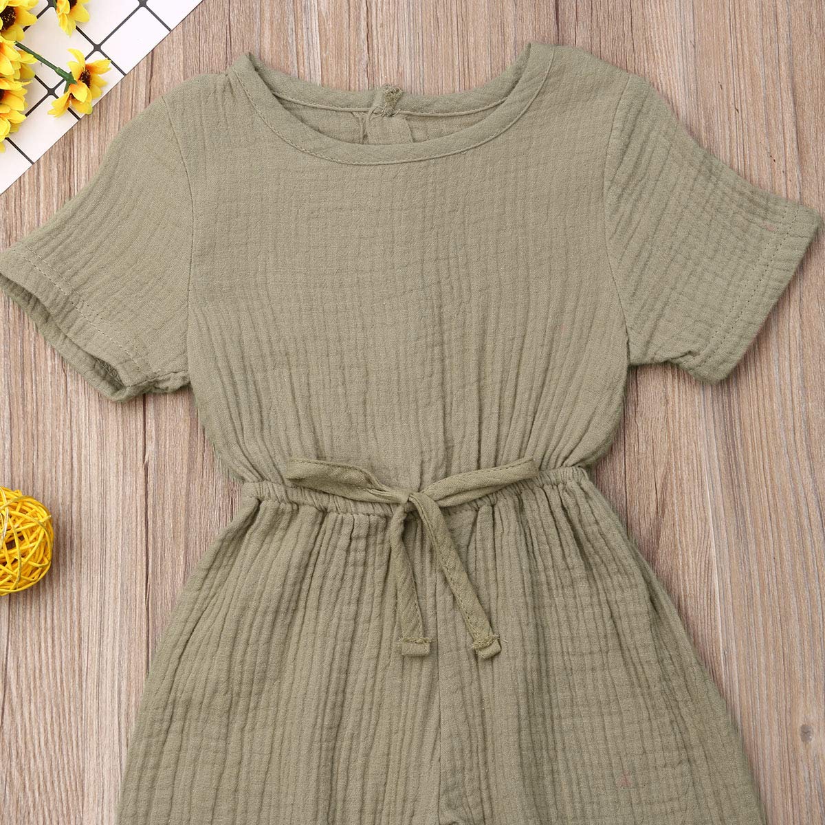 Mubineo Toddler Baby Girl Summer Fall Basic Plain Short Sleeve Cotton Linen Drawstring Romper Jumpsuit (Khaki, 6-12 Months)
