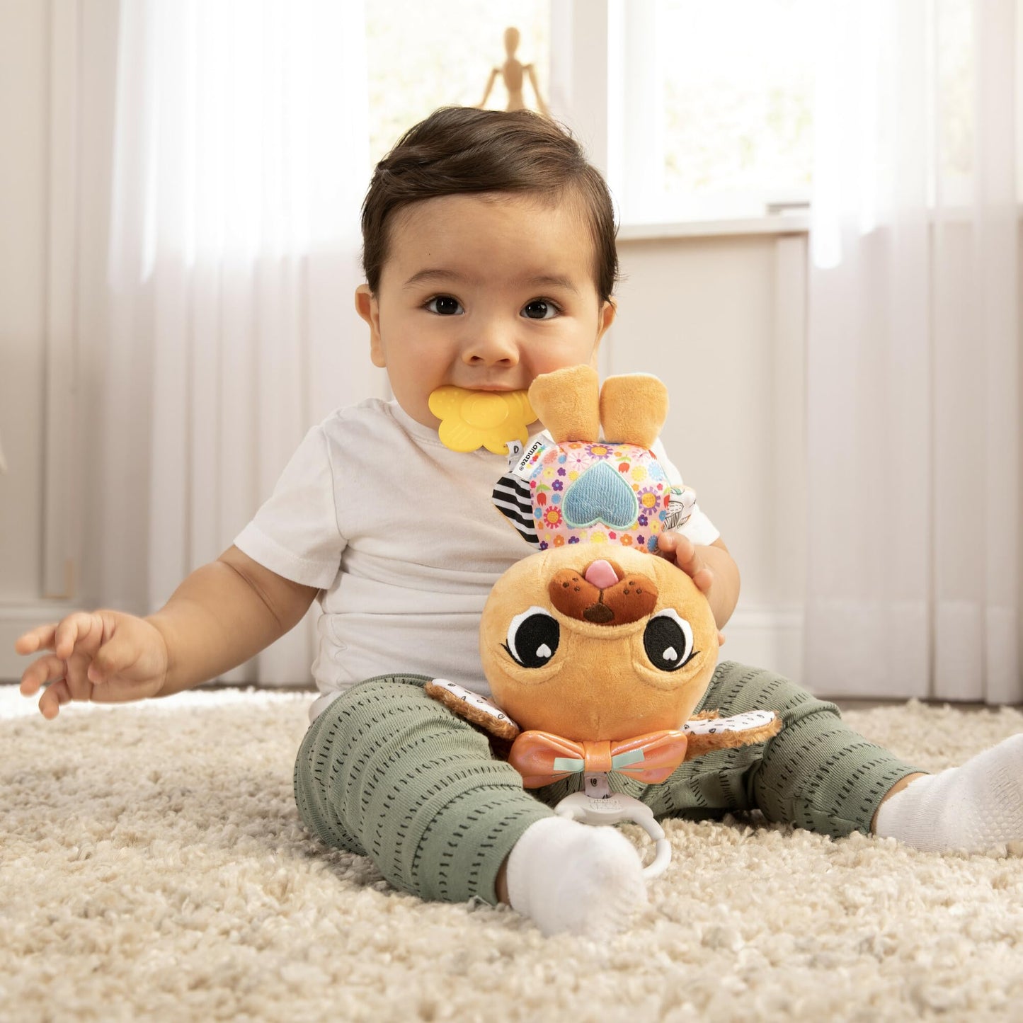LAMAZE Lovey The Pug Clip On Toy - Baby Sensory Toys for Stroller or Car - Developmental Stroller and Car Seat Toys - Includes C