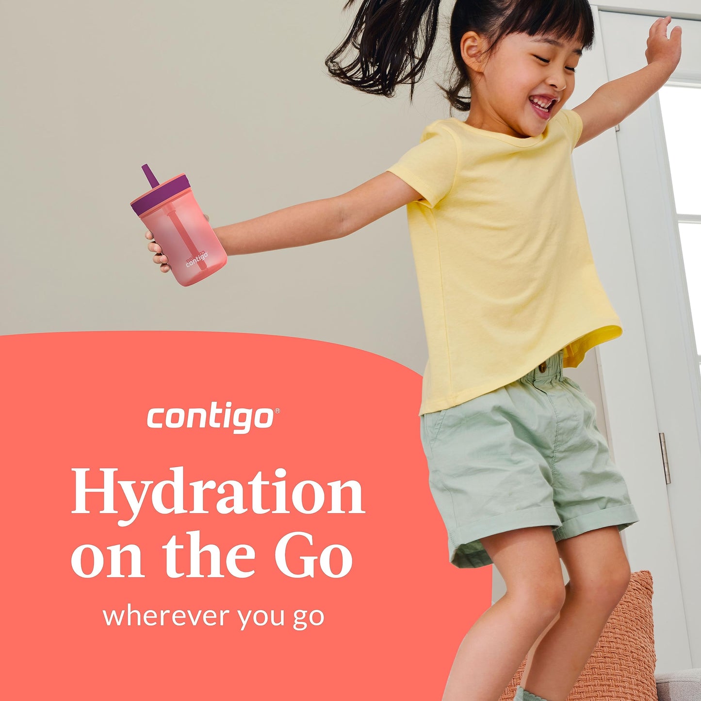 Contigo Kids Leighton Straw Tumbler With Spill-Proof Leak-Proof Lid, 14Oz, Coral/Grape