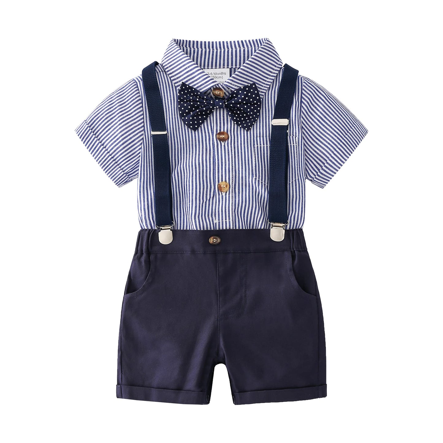 Baby Boys Gentleman Outfits Suits, Infant Blue Stripe Shirt+Navy Shorts+Bow Tie+Suspender Clothes Set,3-6M