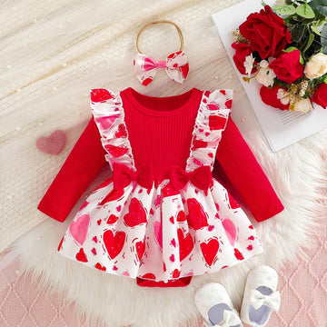 Wolbay Newborn Infant Valentines Baby Girl Outfit Love Print Romper Drees Ruffles Bodysuit Jumpsuit Clothes And Headband (Red, 0