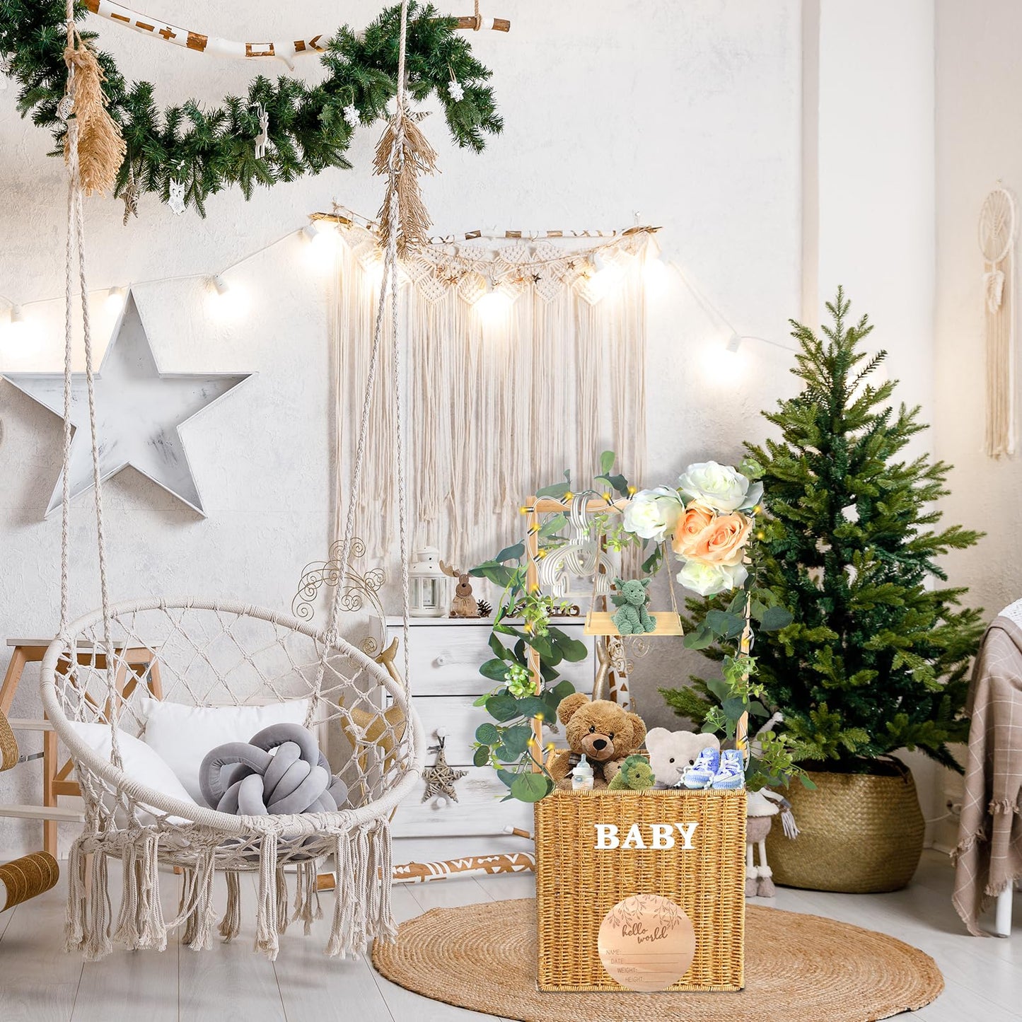 Baby Shower Crate Closet, Lighted Large Hand-Woven Rattan Storage Crates With Handle, Baby Shower Gifts, Baby Welcome Box Nurser