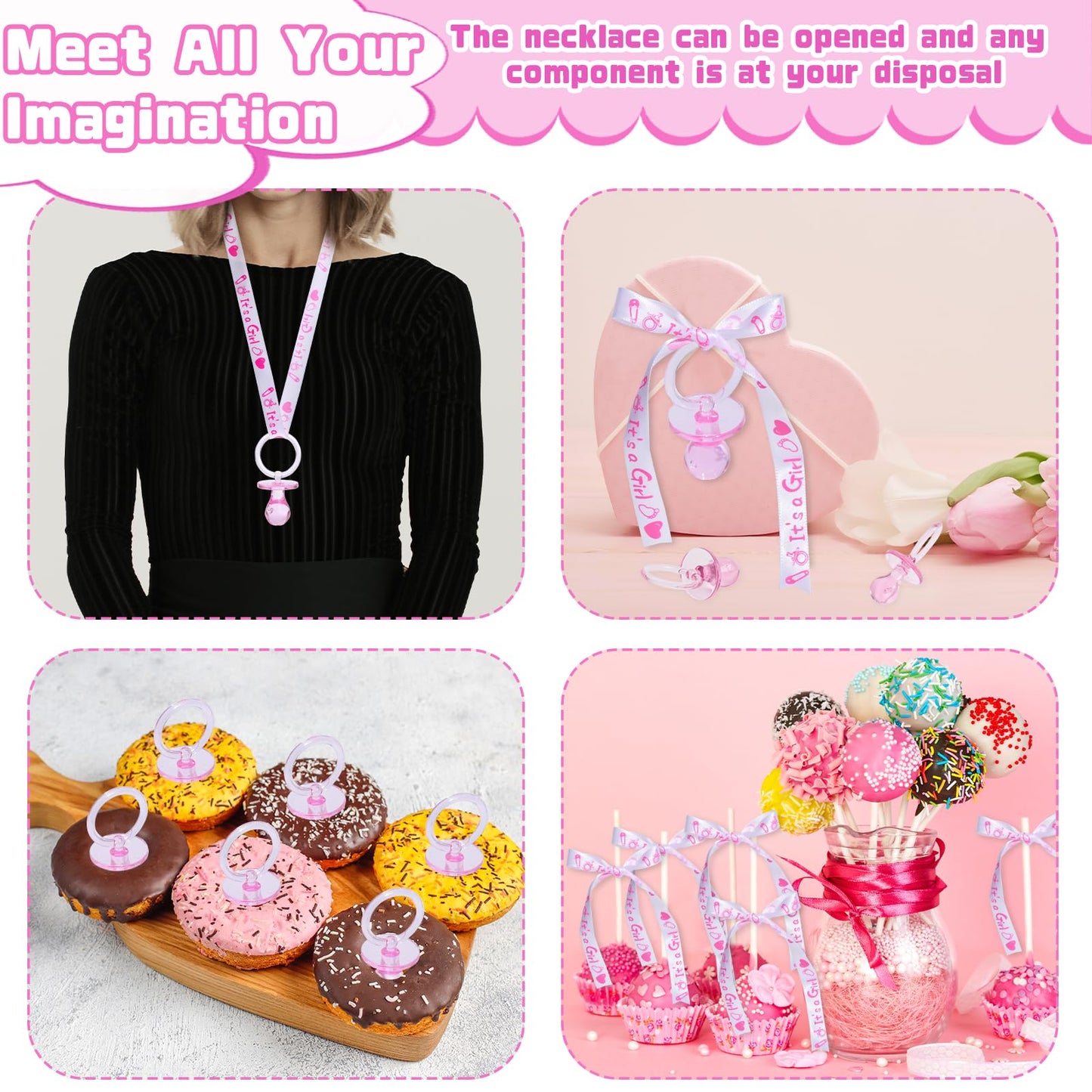 72 Baby Shower Pacifiers Necklace, Acrylic Pacifier Necklace, Cute Pacifier Necklace For Baby Shower Girls Boys Party Favors Cha