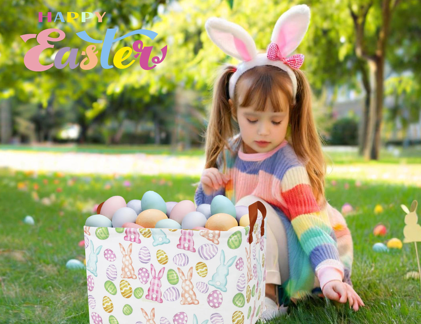 Boohit Large Easter Baskets For Kids Personalized Baby Girl Easter Basket Cute Teen Boy Spring Decor (Checkered Bunny Egg)