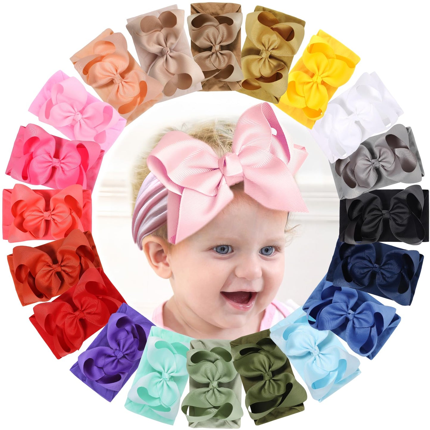 WillingTee 20 Colors Baby Girls Bows Headbands Nylon Hairbands Ribbon Bow Elastic Hair Accessories for Newborns Infants Toddlers